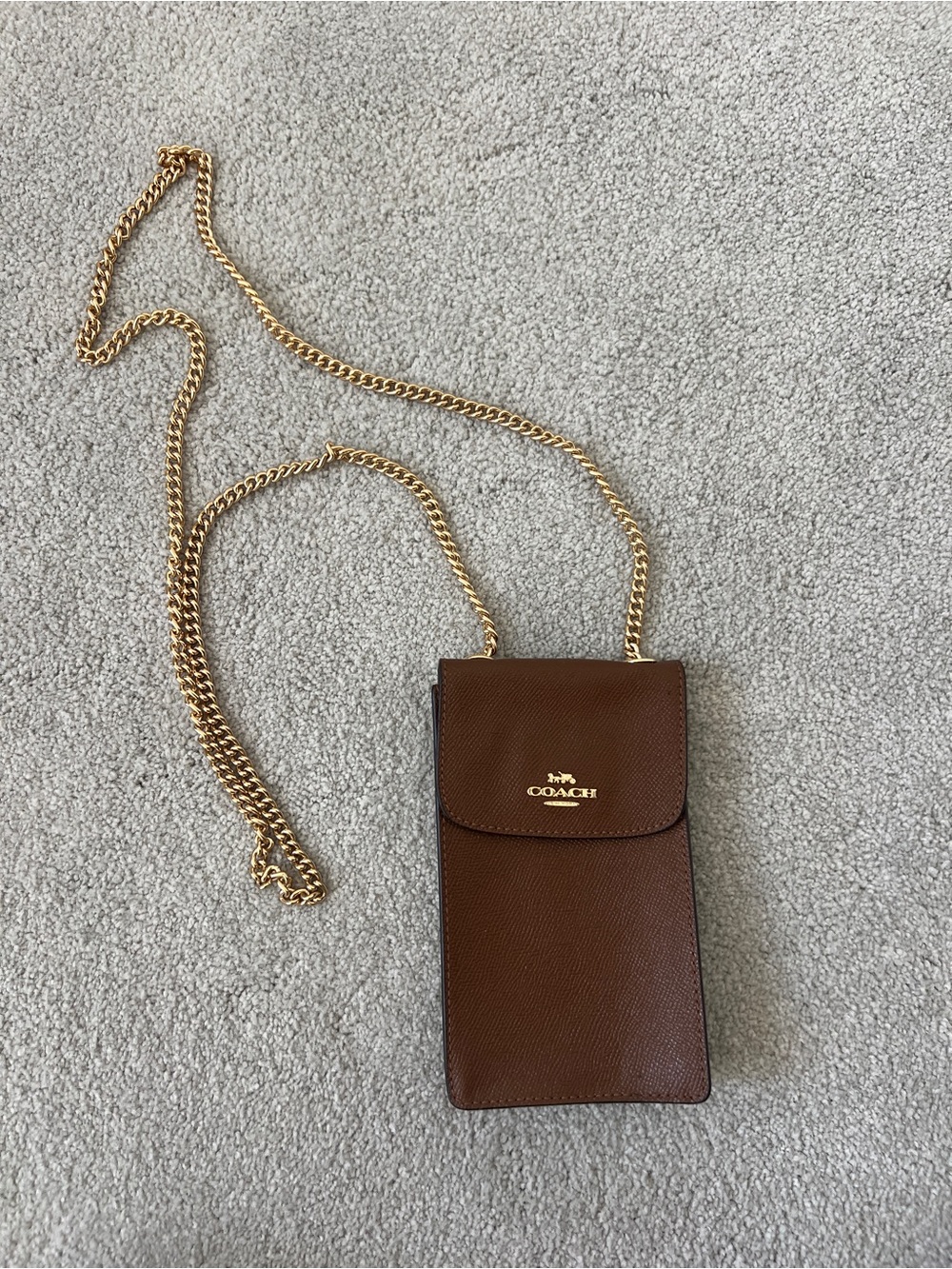 Coach Brown Leather Crossbody Phone Pouch and Wallet with Gold Chain Strap